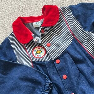 Vintage Tiny Tots Original Denim Work Crew Jumpsuit Red Corduroy Collar Size 3